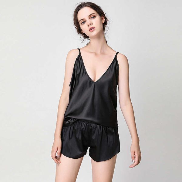 

sleepwear women's silk like v-ne suspender shorts two piece fashion home suit, Black;red