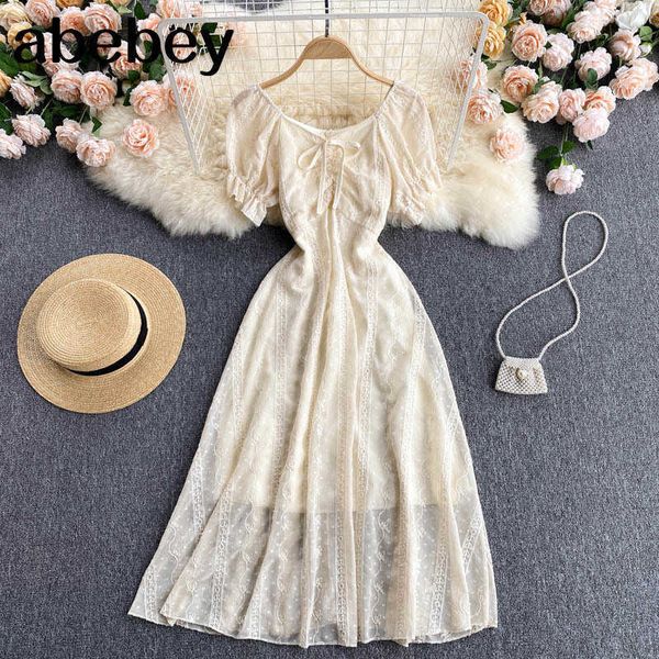 

women elegant french dress puff sleeve v neck solid a-line dresses summer casual fashion streetwear midi long sundress 210715, Black;gray