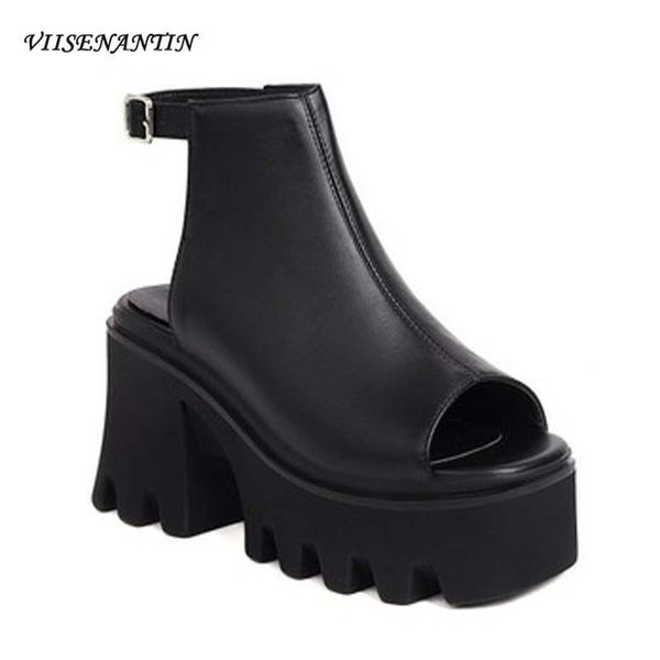 

sandals summer fish mouth thick-soled black rubber fashion solid color ankle buckle waterproof platform high-heeled