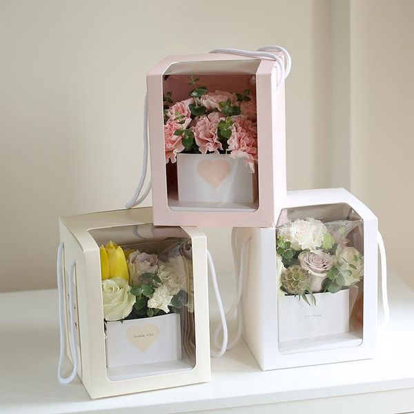 

gift wrap flower box single-sided window pvc transparent square portable folding valentine's day packaging with rope preserved