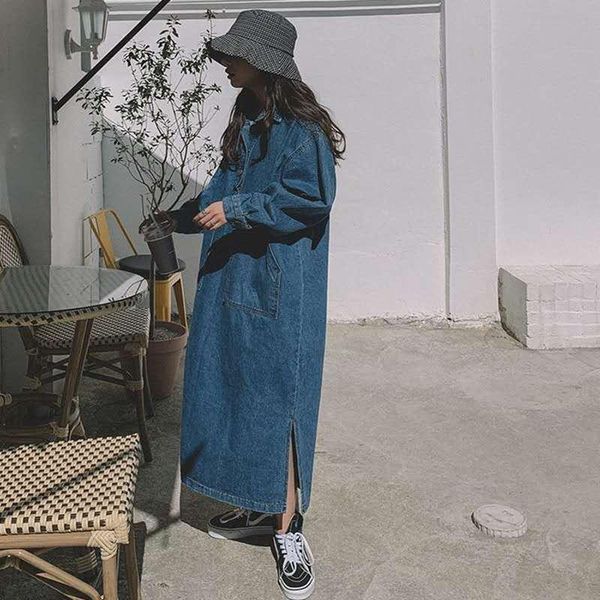 

casual dresses yourseason 2021 korean ladies denim clothes loose turn down collar button women winter jeans dress, Black;gray