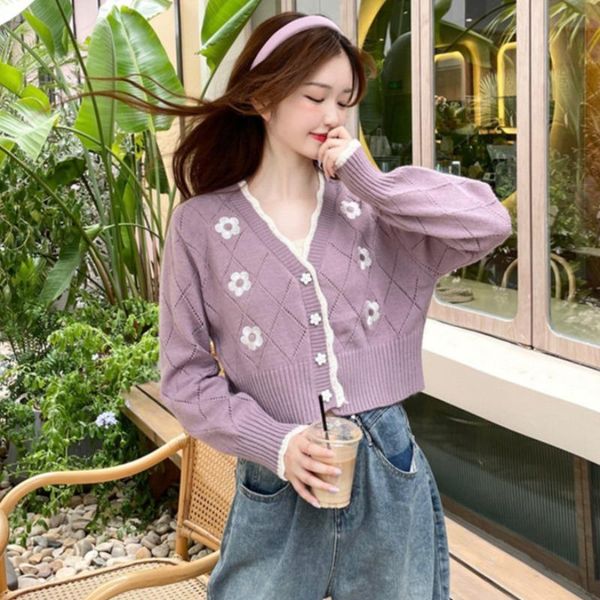 

women's knits & tees women knitted long sleeve v-neck colorblock buttons woman sweaters cardigans lady knit patchwork for 2021, White