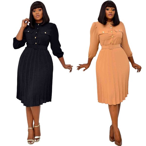 

fall women black dress elegant fashion single-breasted high waist knee-length dress female casual pleated african dresses 210414, Black;gray