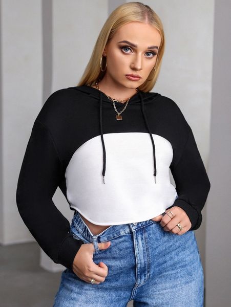 

plus color block drawstring drop shoulder hoodie v2c8#, Black
