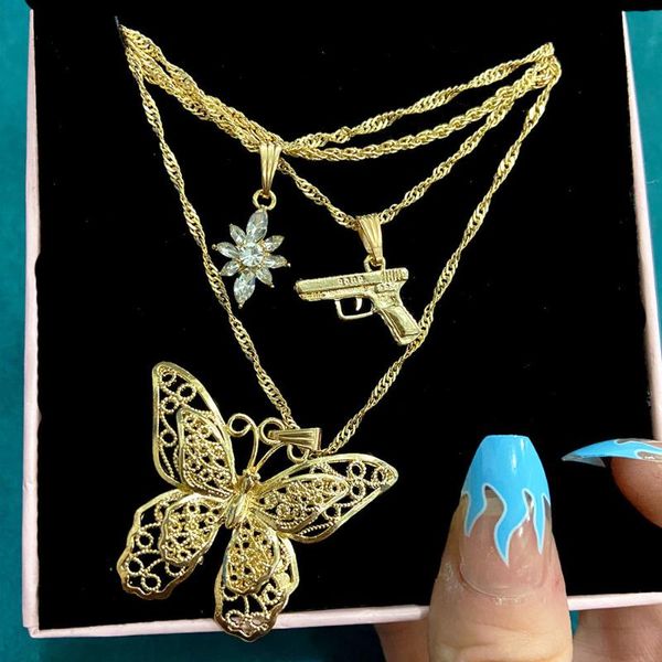 

gold color multilayer butterfly chain pendant necklace for women shiny crystal flower gun choker statement jewelry chains, Silver