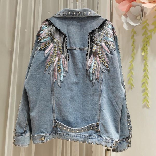 

women's jackets rivet coats women casual embroidered denim jacket sprint short coat for long sleeve chaqueta mujer, Black;brown