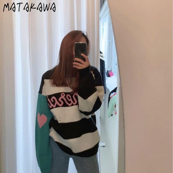 

women's sweaters matakawa cute women korea color o-neck woman sweater stripe peach heart matching loose pull femme hiver fall 2021, White;black