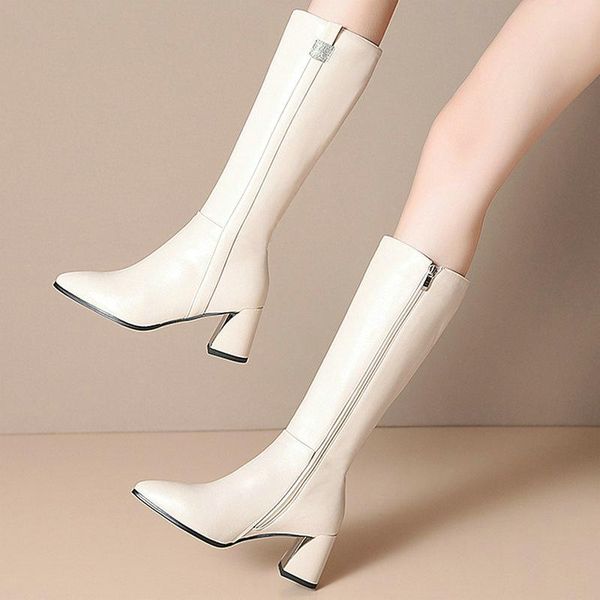 

boots women crystal decoration thick high heels knee winter est night club working shoes woman size 41 42 43, Black