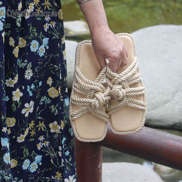 

slippers summer rope women slides casual square toe flat beach slippers 59pb, Black