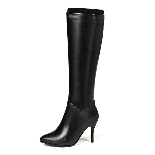 

boots winter for woman fashion pointed toe shoes white zipper clear heels stilettos knee high 34-45, Black