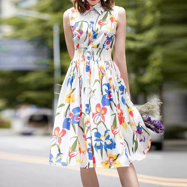

casual dresses quality high 2021 fashion designer runway dress women's shirt collar floral print smocked waist, Black;gray