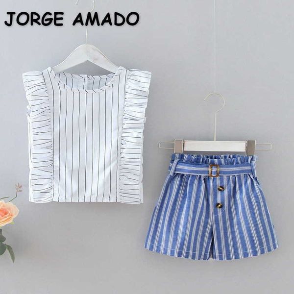 

wholesale summer girl 2-pcs sets white striped sleeveless shirts + high waist shorts with sashes kids outfits e238 210610