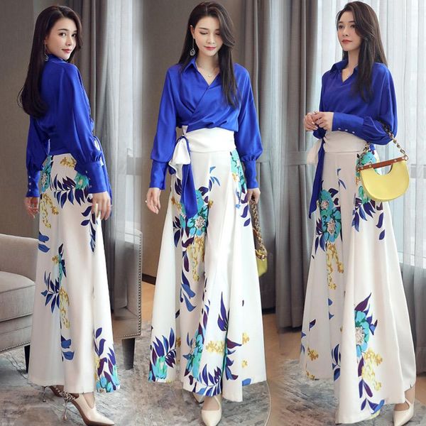 

women's two piece pants autumn ladies clothing solid color long-sleeved western-style blouse + printed waist wide-leg two-piece suit wk, White