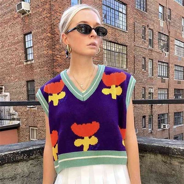 

foridol vintage flower v neck sweater vest women sleeveless pullovers casual chic purple vest autumn winter 210415, Black;white