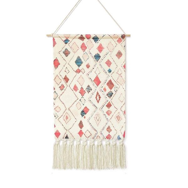 

tapestries wall hanging geometric rhombus tapestry with macrame,boho handmade woven tapestry,for apartment home decor