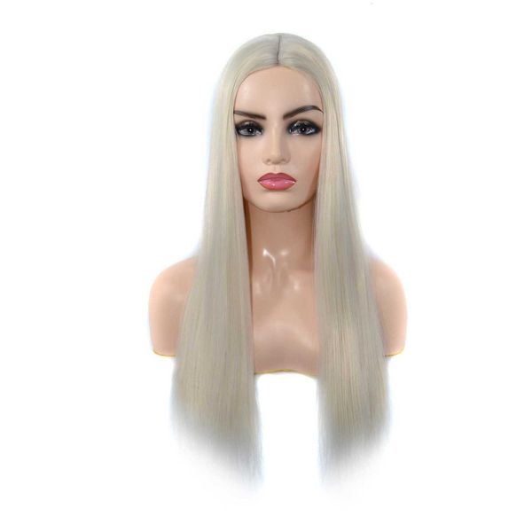 

fashion female white chemical fiber medium split long straight hair wig head set, Black