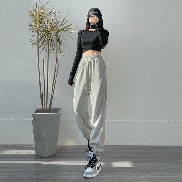 

solid sweatpants women fashion korean style joggers women plus size high waist streetwear loose casual pants, Black;white