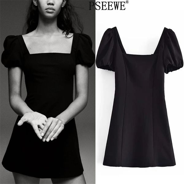 

summer dress black linen short es women vintage french square neck puff sleeve strappy mini 210519, Black;gray