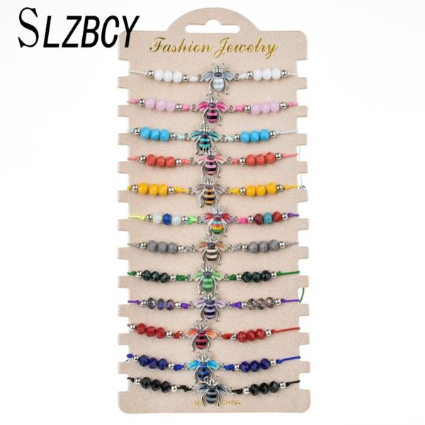 

charm bracelets 12 pcs/lot enamel alloy bee insect crystal beads for women diy adjustable weave rope bracelet pulsera party jewelry, Golden;silver