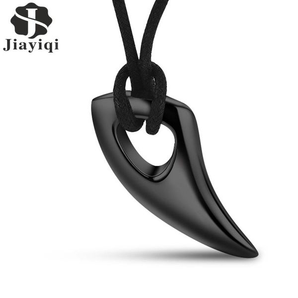 

pendant necklaces jiayiqi fashion black / silver color stainless steel necklace bull horn design man jewelry leather rope chain length adjus
