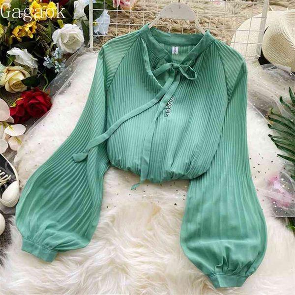 

fashion ladies blouse summer korean bow tie pleated chiffon long-sleeved french retro lantern sleeve shirt women 210531, White