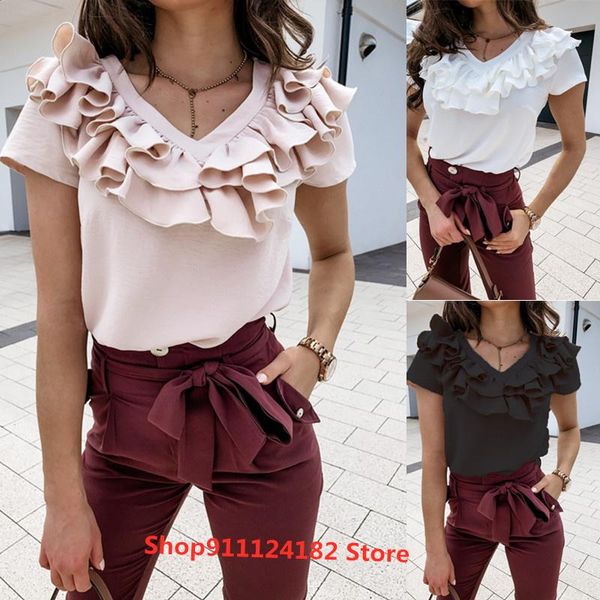 

summer solid color short-sleeved pleated shirt v-neck women's t-shirt, White