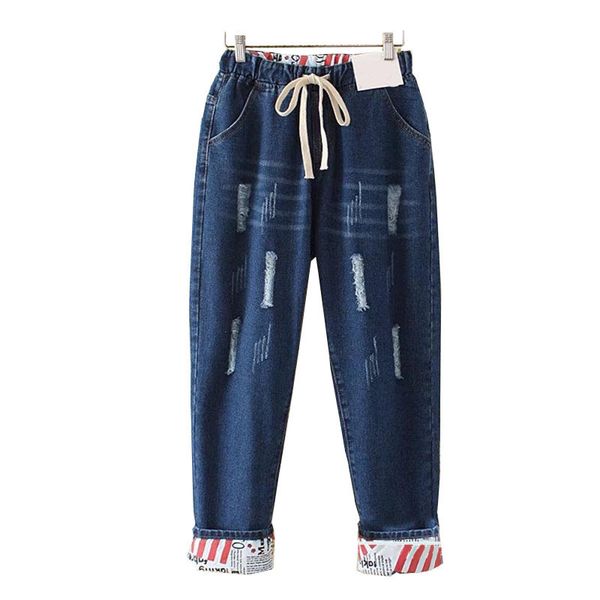 

plus size elastic waist hemming boyfriend loose ripped denim harem jeans 4xl 5xl light blue girls casual pants for women