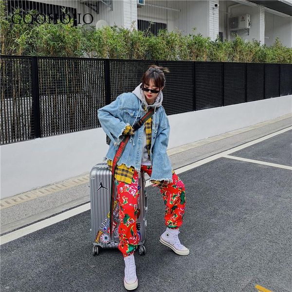 

spring autumn vintage pants couples all-match loose hip hop women fashionable safflower trousers women's & capris, Black;white