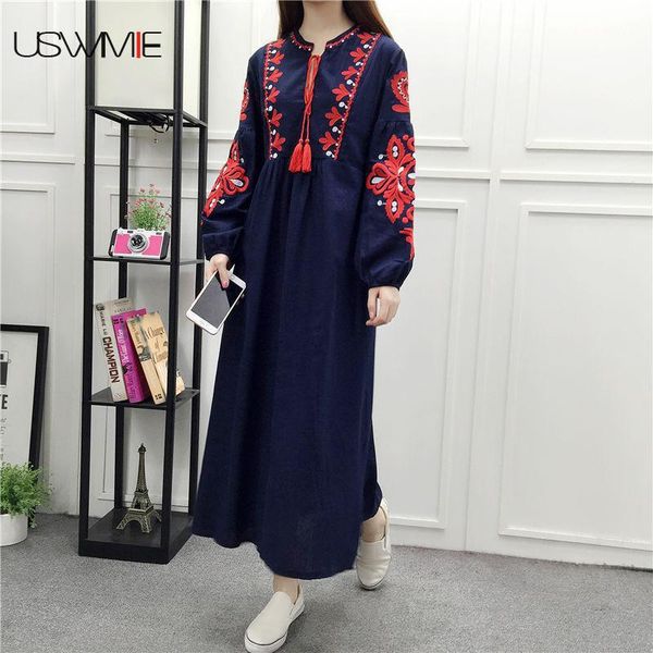 

casual dresses women dress spring national style embroidery linen lantern sleeve solid color vestidos lace high waist plus size vintage, Black;gray