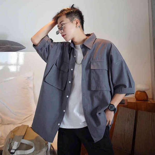 

men's casual shirts summer solid color pocket work clothes short sleeve loose lapel collar grey/black/khaki size s-xl sy51, White;black