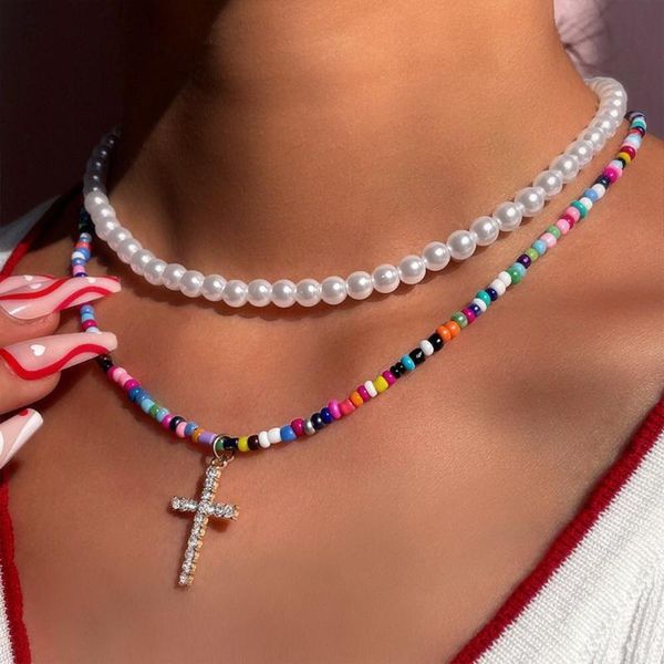 

chains bohemian white imitation pearl choker multicolor beaded necklaces for women crystal cross pendant multi-layer jewelry gifts, Silver