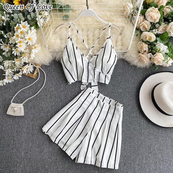 

piece set women crop and shorts outfits 2021 summer fashion holiday matching sets striped beach short pant suit two dress, White