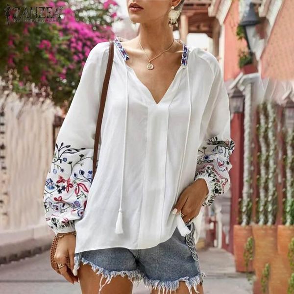 

stylish printed shirts women's autumn blouse zanzea casual floral blusas female v neck puff sleeve tunic oversized blouses &, White