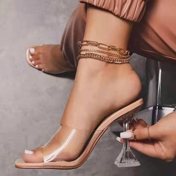 

slippers 2021 summer high-heeled leopard mid heel women square head for outdoor thick women's, Black