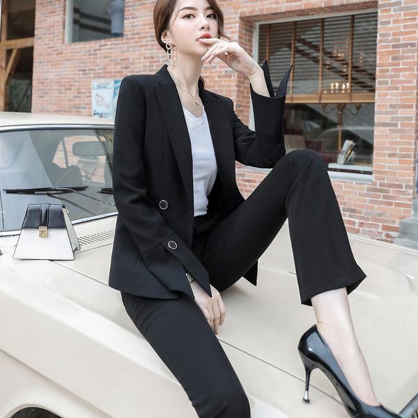 

pant 2-piece female ensemble 2021 suit solid temperament jacket and black white pants
