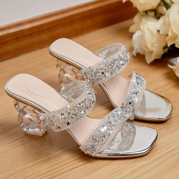 

slippers 2021 summer fashion sandals crystal diamond thick high heels, Black
