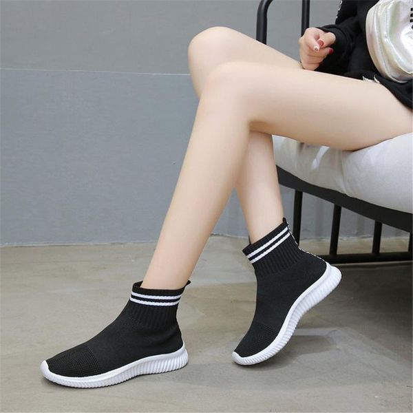 

boots high-sneakers women's autumn and winter fashion all-match stretch knit shoes in tube socks, Black
