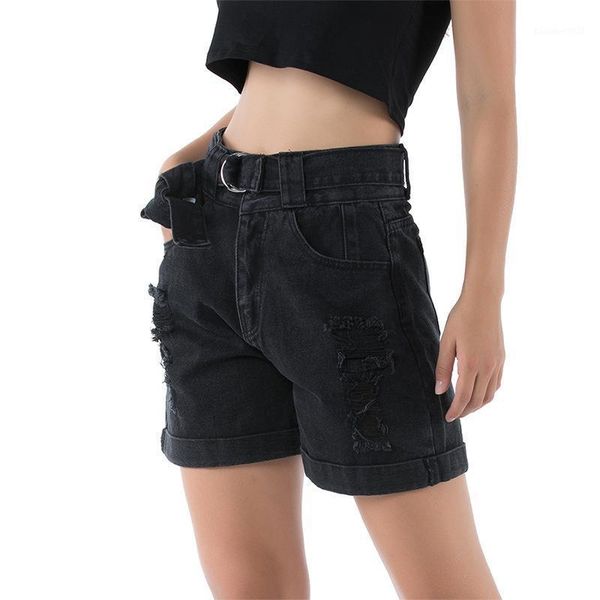 

women's shorts liberjog women denim female vintage high waist holes volume edge casual match belt spring summer autumn fashion, White;black