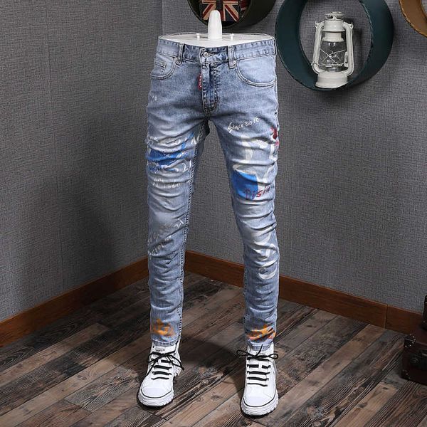 

ly designer fashion men jeans light blue elastic slim fit printed denim pencil pants streetwear hip hop trousers