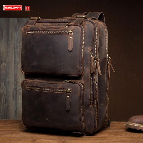 

backpack retro handmade crazy horse leather men's first layer cowhide travel backpacks computer bag schoolbags