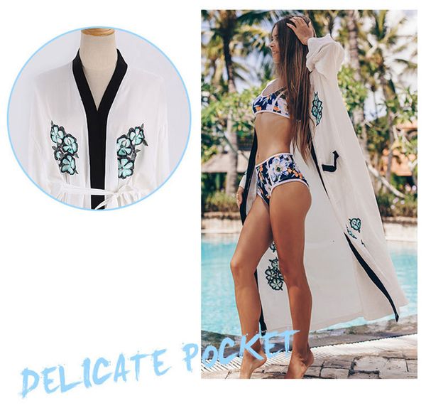 

women's swimwear embroidery beach kimono pockets holiday slim long cardigan with sashes sleeve white bikini cover-up u2to, White;black