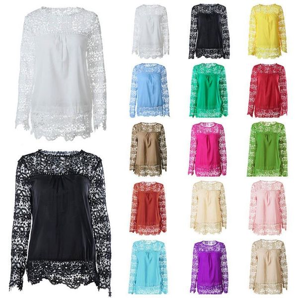 

women's blouses & shirts spring autumn plus size lace women blouse long sleeve hollow out o neck chiffon ze0j, White