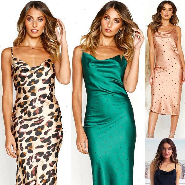 

leopard printed women dress spaghetti strap v neck satin vestidos, Black;gray