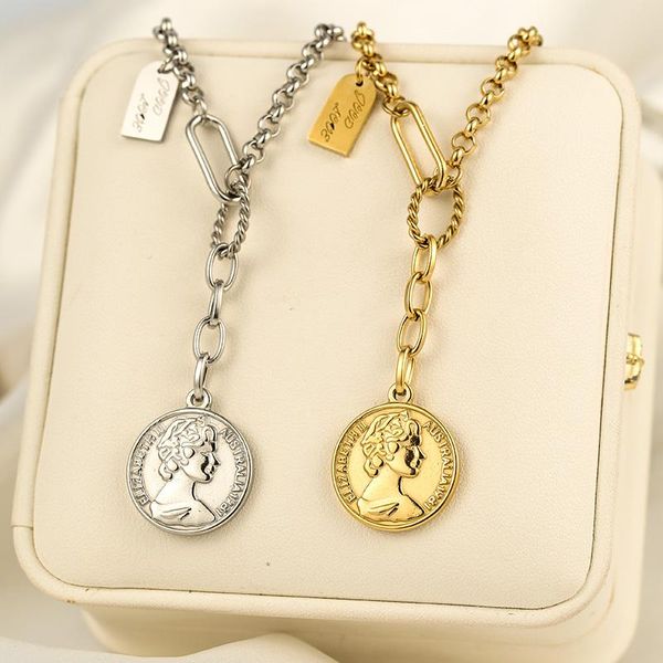 

chokers stainless steel elizabeth coin pendant necklace for women thin chain round bump choker wedding jewelry, Golden;silver
