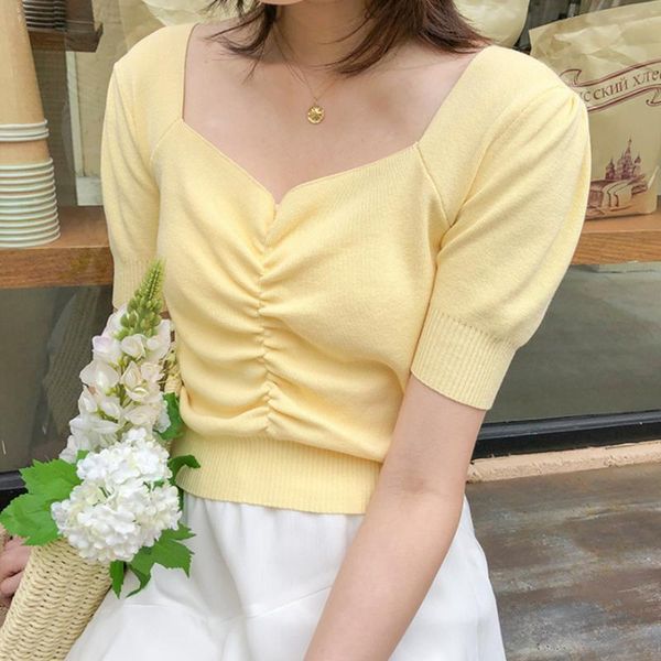 

knitted short sleeved womens french clavicle v neck t shirt lady spring knit sweater for teenage girls aesthetic women's t-shirt, White