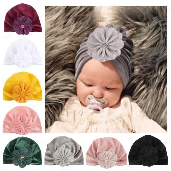 

cute baby hat solid color flower beanie cap child girl elastic turban head wraps newborn toddler soft sweet bonnet beanies infant hair acces, Yellow