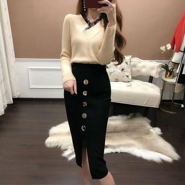 

two piece dress 2021 spring autumn women casual slim knitted suit female long sleeve pullover sweater + high waist pencil skirt 2 set e376, White