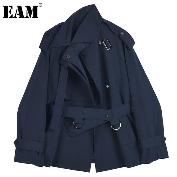 

[eam] women retro belt dark blue big size trench lapel long sleeve loose fit windbreaker fashion spring autumn 2021 1dd5093 women's coa, Tan;black