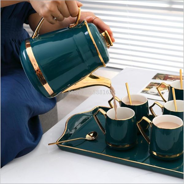 

cups & saucers ceramic cup cold water bottle set dark green glaze sets 6 +1 kettle tray tea for drinkware