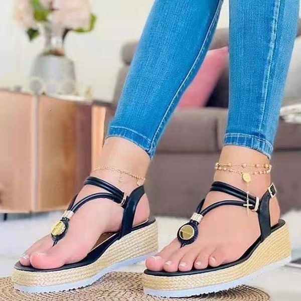 

sandals platform wedges women color matching flip flop slippers female shoes fashion heeled casual summer slides, Black